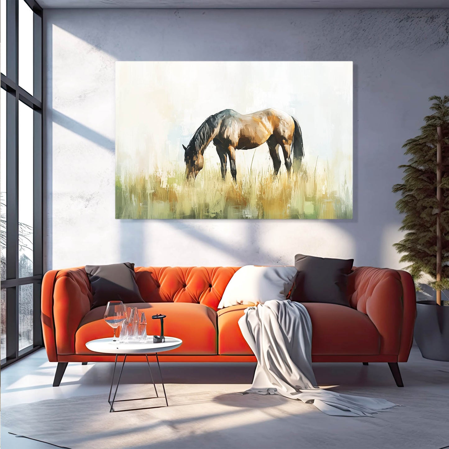 Golden Grass Grazer Horse Prints — contemporary canvas print, styled in a furnished interior