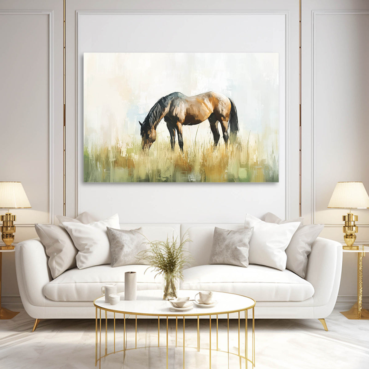 Golden Grass Grazer Horse Prints — contemporary canvas print, styled in a furnished interior