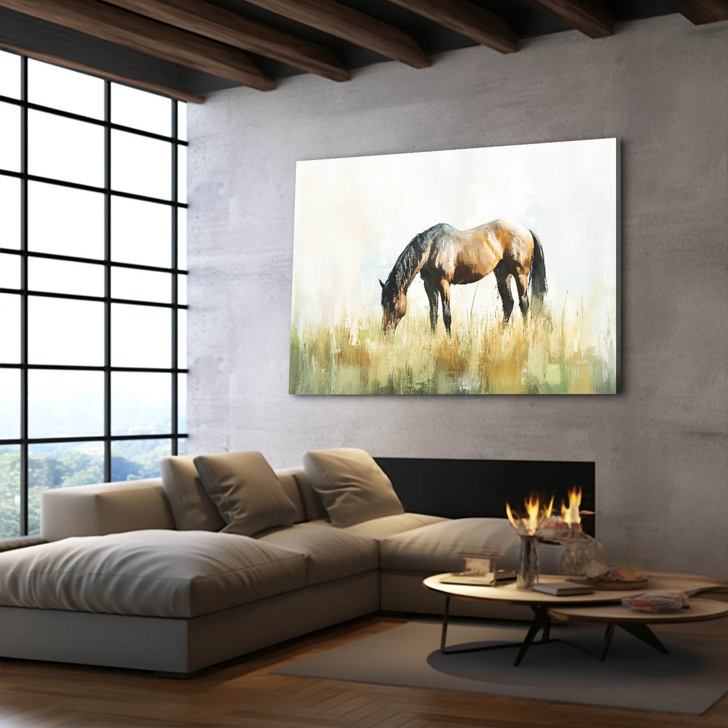 Golden Grass Grazer Horse Prints — contemporary canvas print, styled in a furnished interior