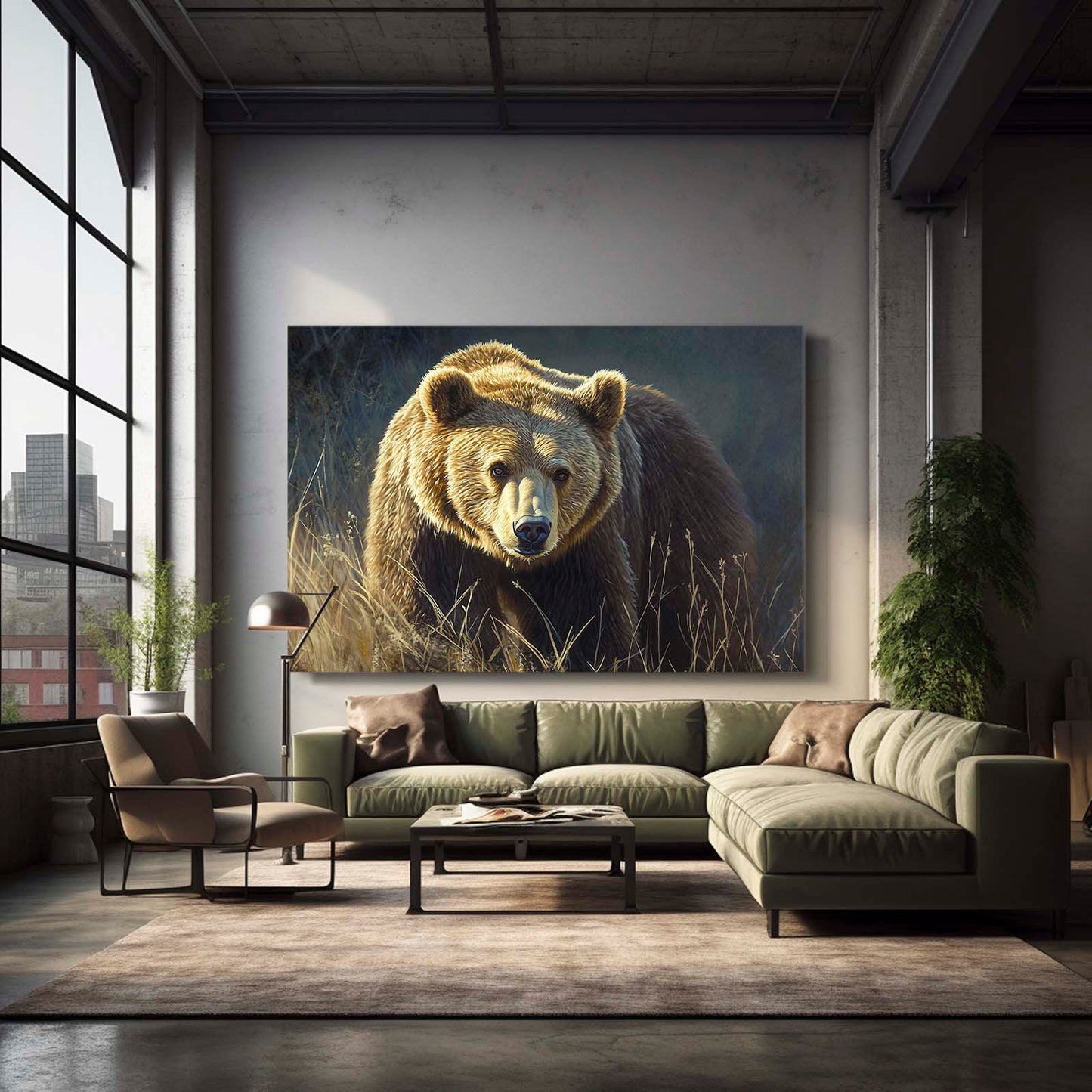Golden Grass Prowl Bear Art — photography canvas print, styled in a furnished interior