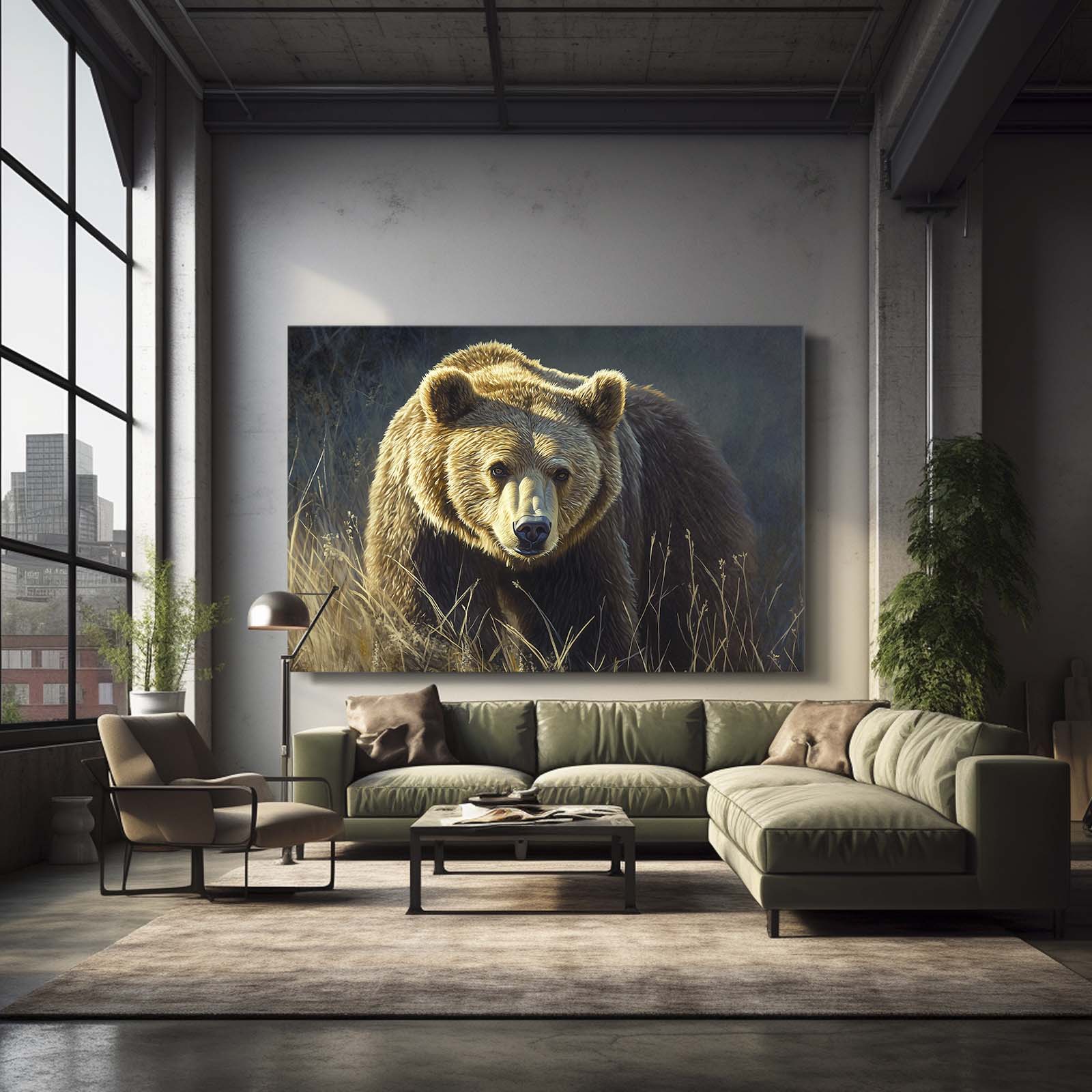 Golden Grass Prowl Bear Art — photography canvas print, styled in a furnished interior