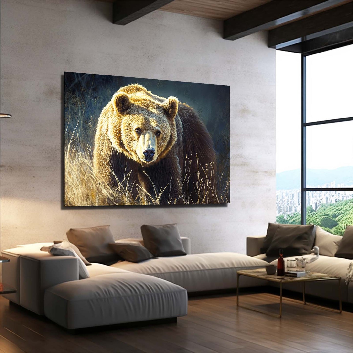 Golden Grass Prowl Bear Art — photography canvas print, styled in a furnished interior