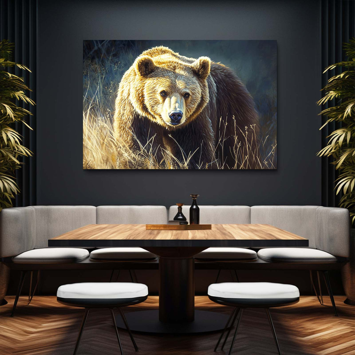 Golden Grass Prowl Bear Art — photography canvas print, styled in a furnished interior