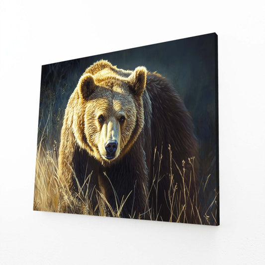 Golden Grass Prowl Bear Art — photography canvas print, angled canvas view on white background