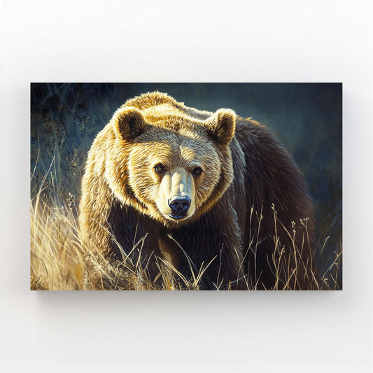 Golden Grass Prowl Bear Art — photography canvas print, angled canvas view on white background