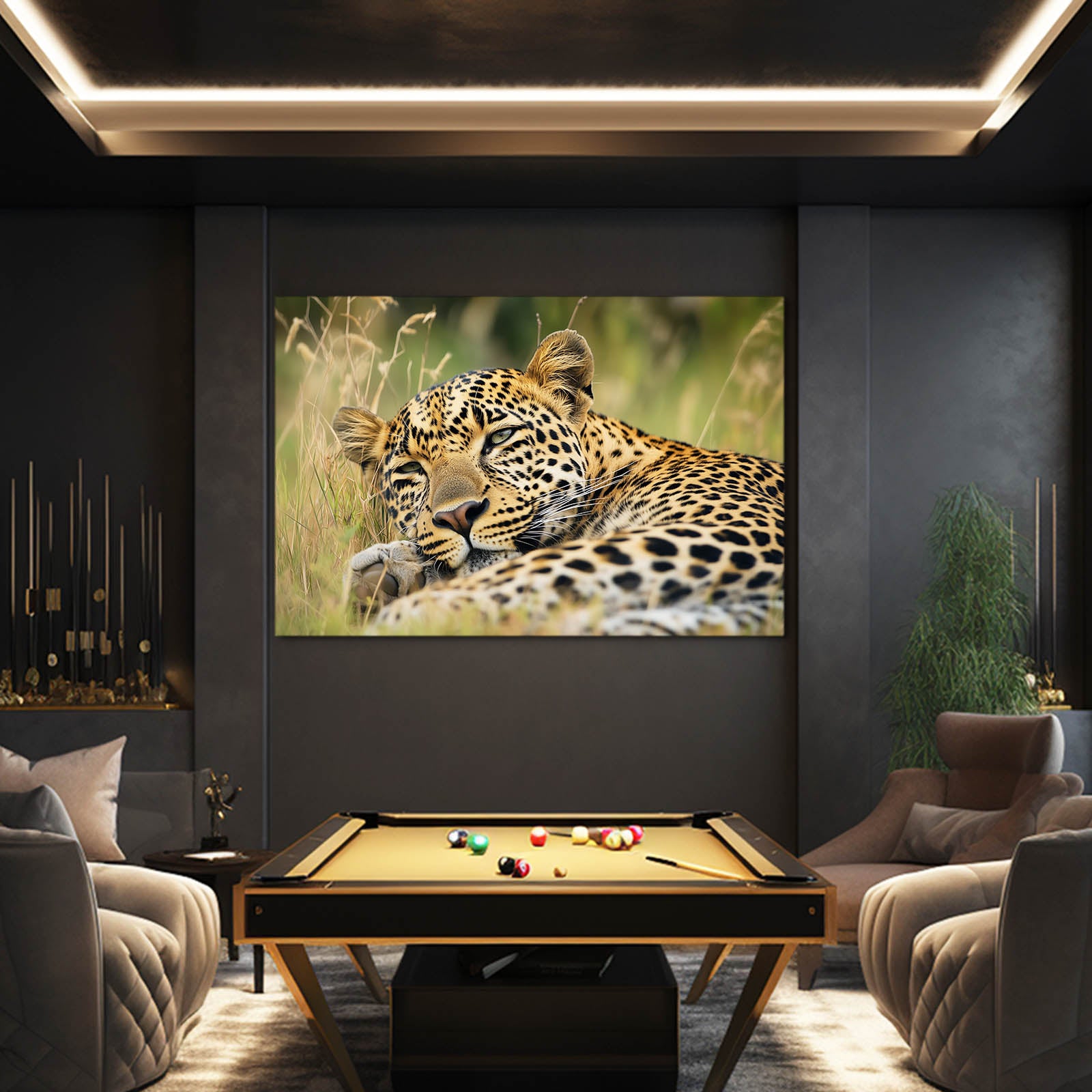 Golden Grass Rest Leopard Art – styled in a furnished interior