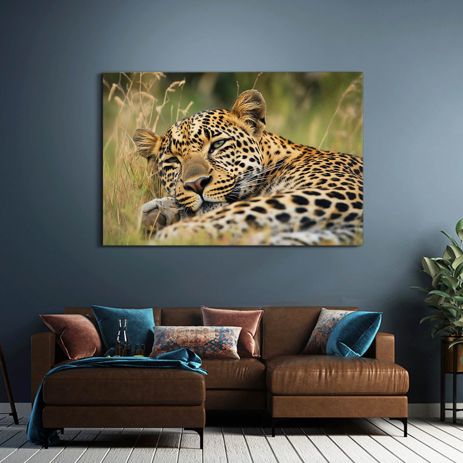 Golden Grass Rest Leopard Art – styled in a furnished interior
