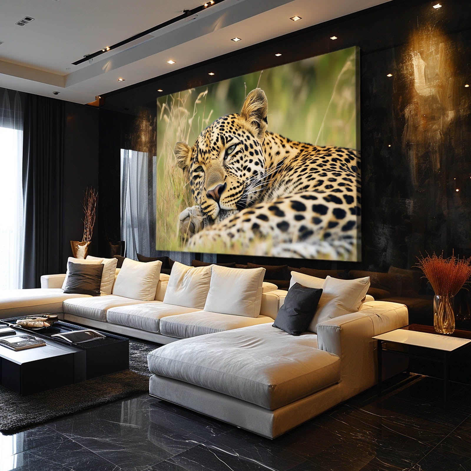Golden Grass Rest Leopard Art – styled in a furnished interior