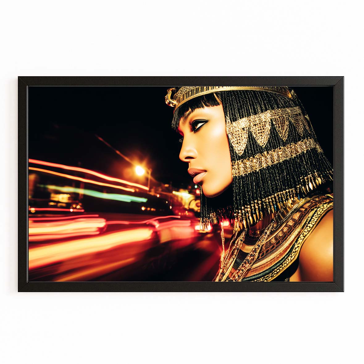 Golden Headdress City Lights Egyptian Wall Art – with Premium Black frame on white background