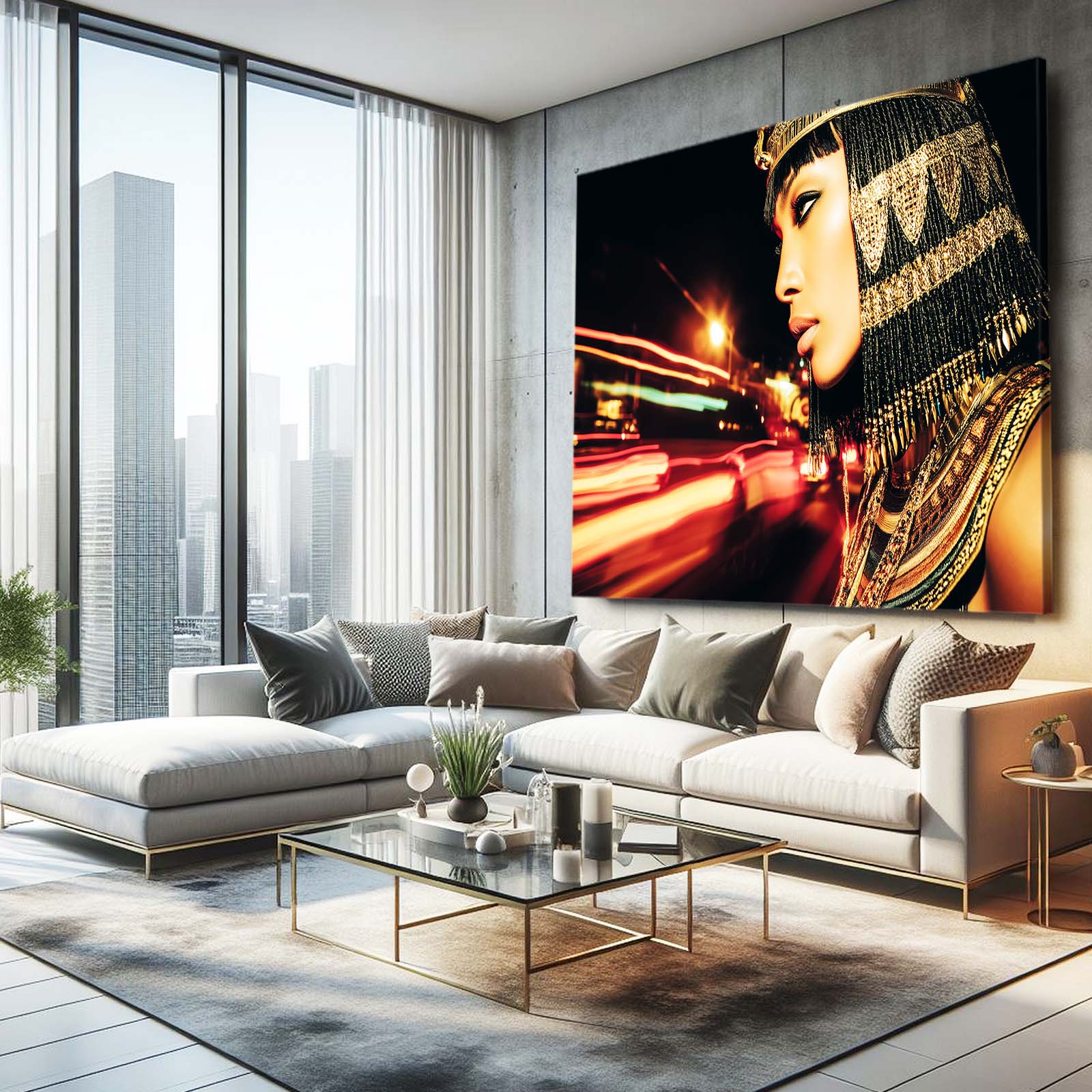 Golden Headdress City Lights Egyptian Wall Art – styled in a furnished interior
