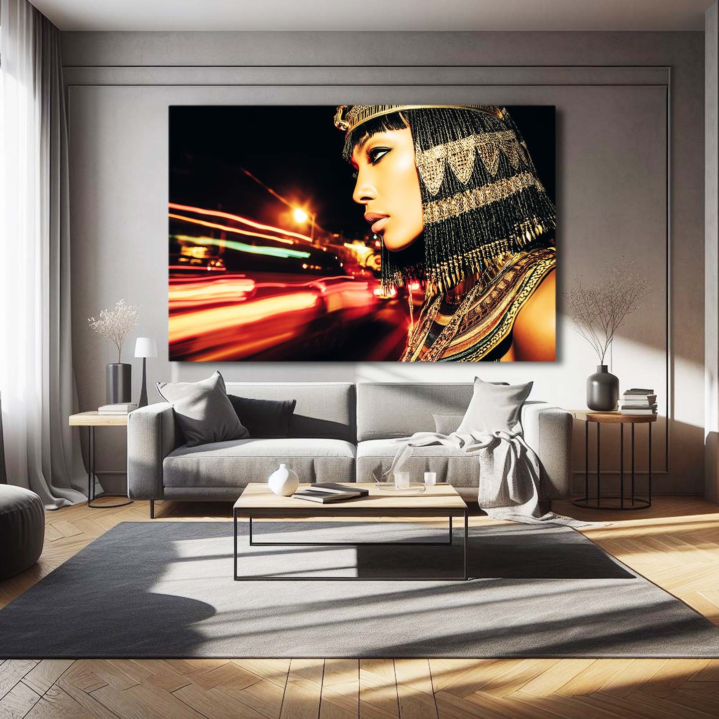 Golden Headdress City Lights Egyptian Wall Art – styled in a furnished interior