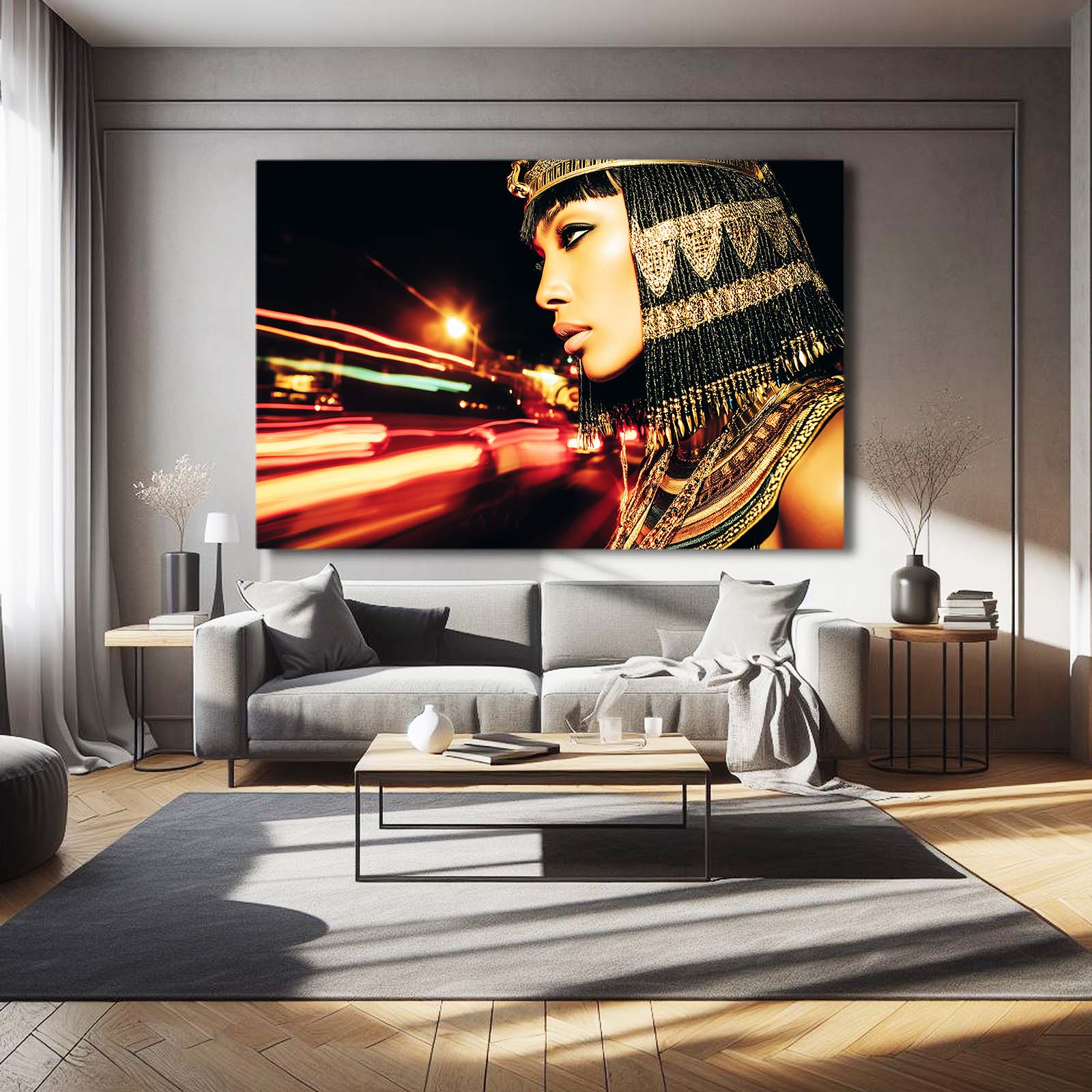 Golden Headdress City Lights Egyptian Wall Art – styled in a furnished interior