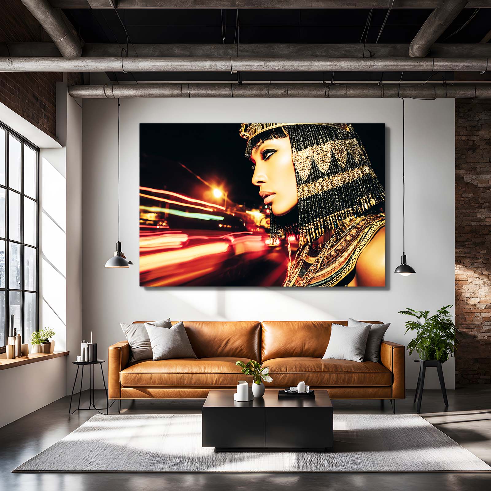 Golden Headdress City Lights Egyptian Wall Art – styled in a furnished interior