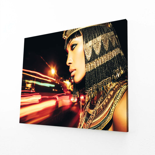Golden Headdress City Lights Egyptian Wall Art – angled canvas view on white background