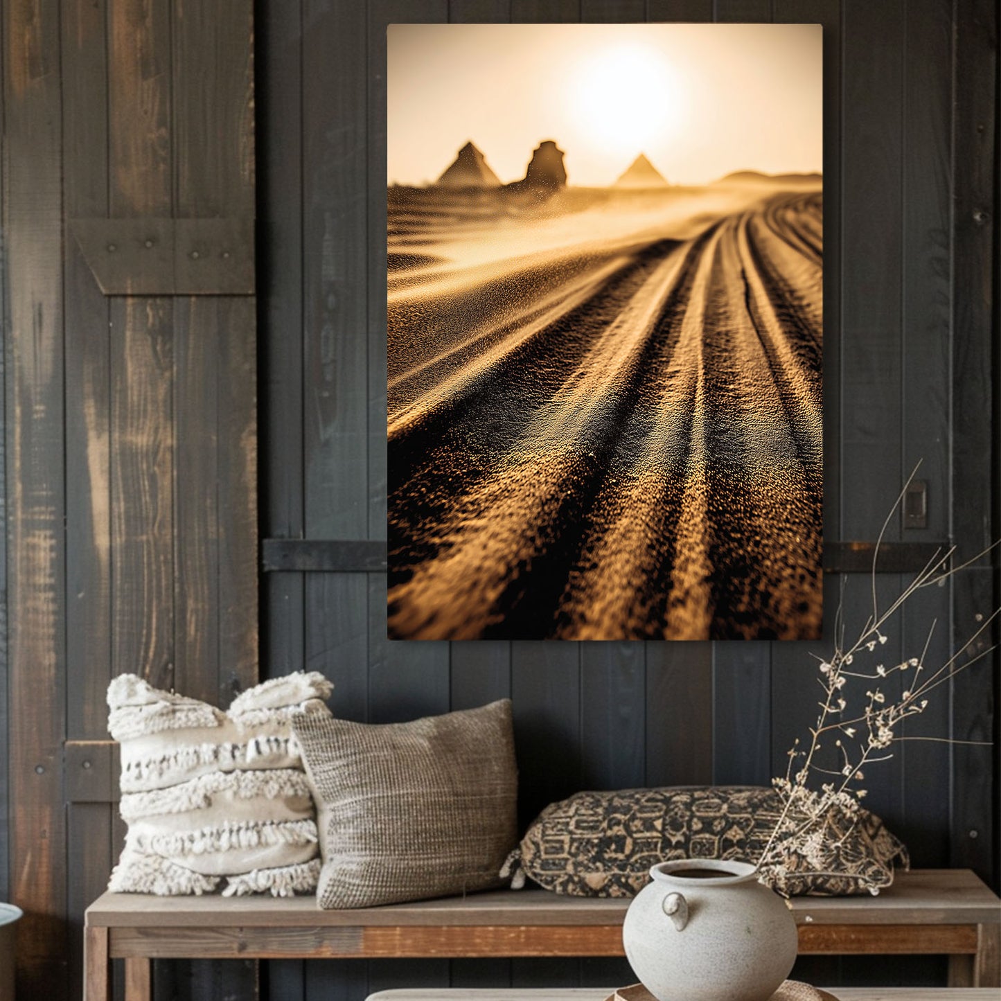 Golden Hour Dunes Egyptian Canvas Art – styled in a furnished interior