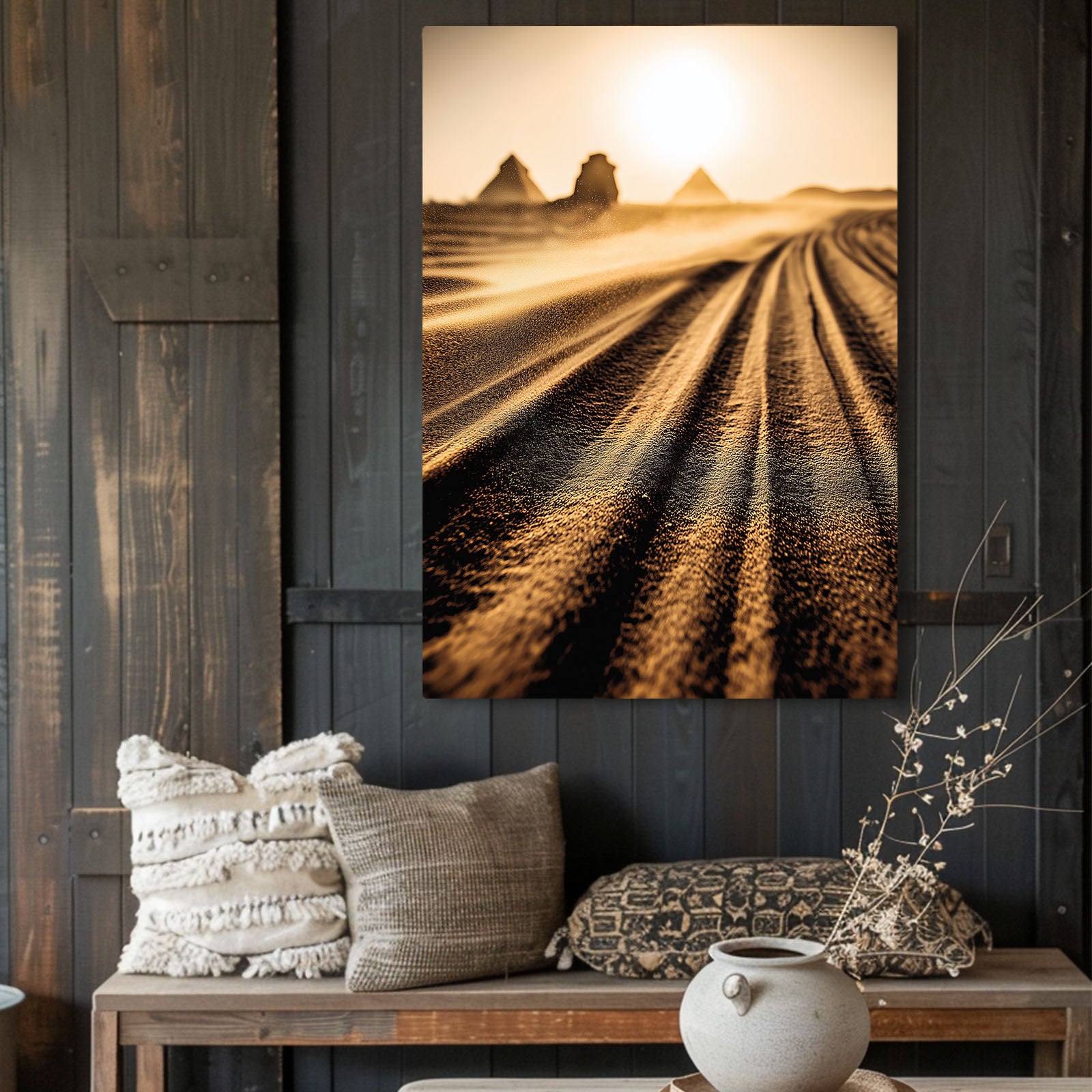 Golden Hour Dunes Egyptian Canvas Art – styled in a furnished interior