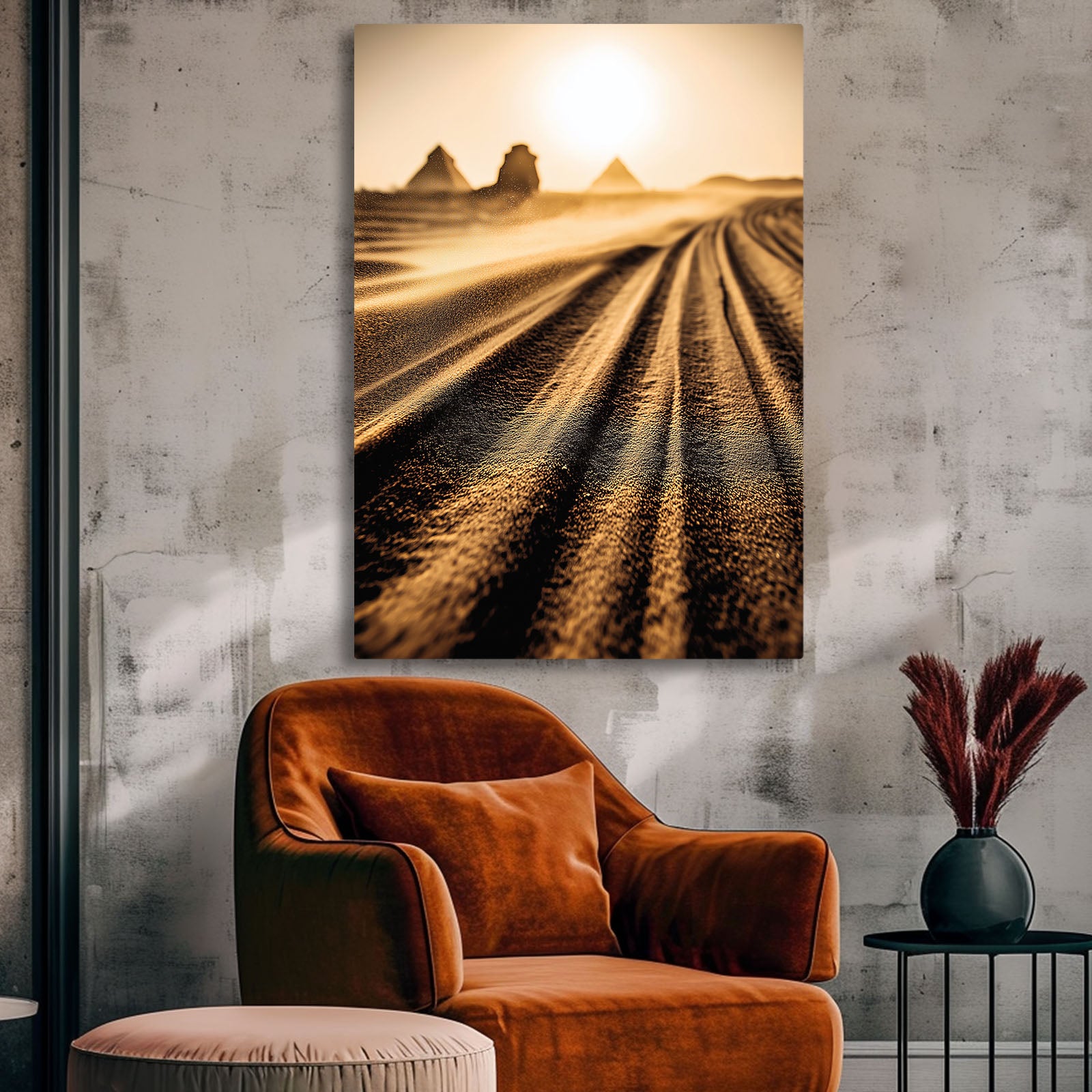 Golden Hour Dunes Egyptian Canvas Art – styled in a furnished interior