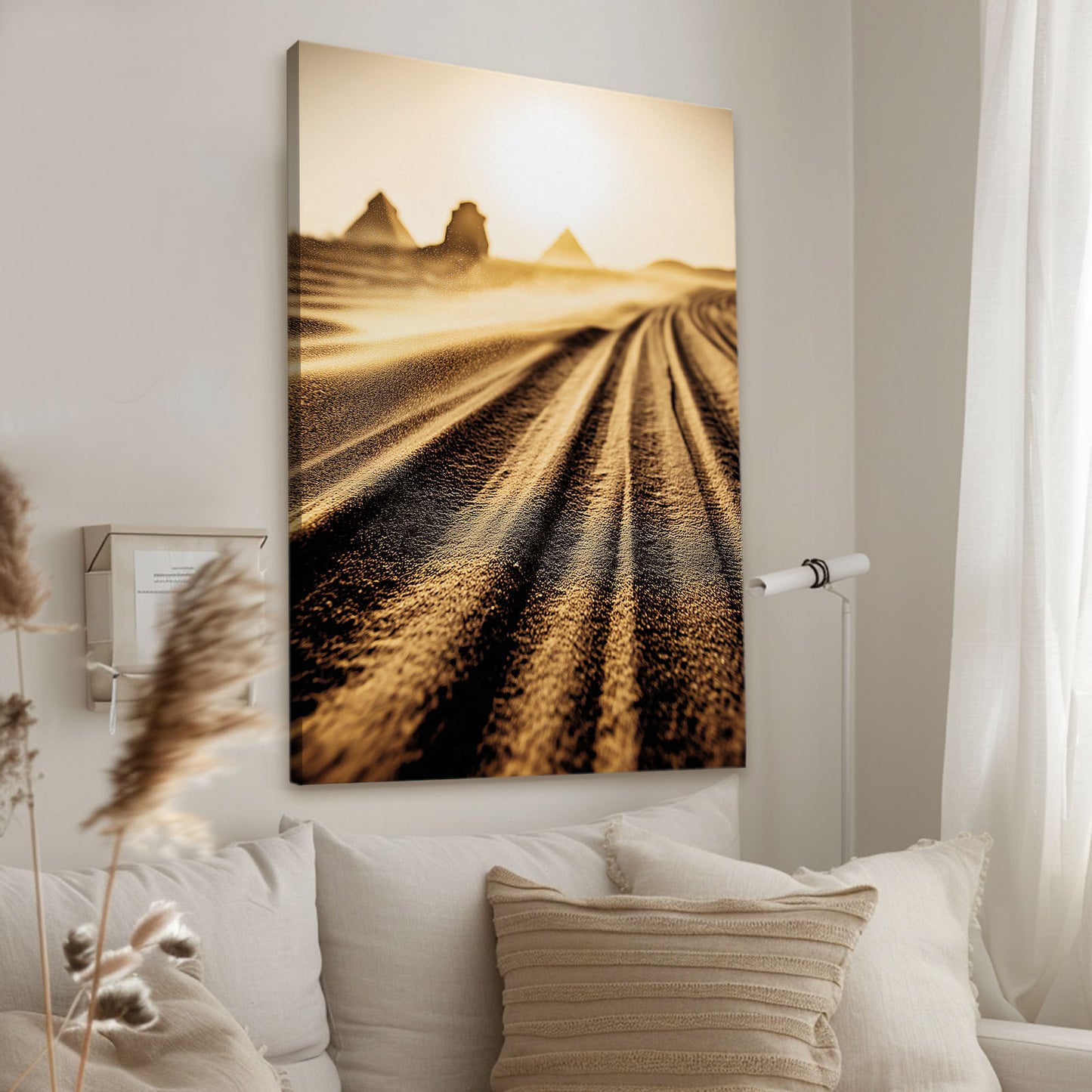 Golden Hour Dunes Egyptian Canvas Art – styled in a furnished interior