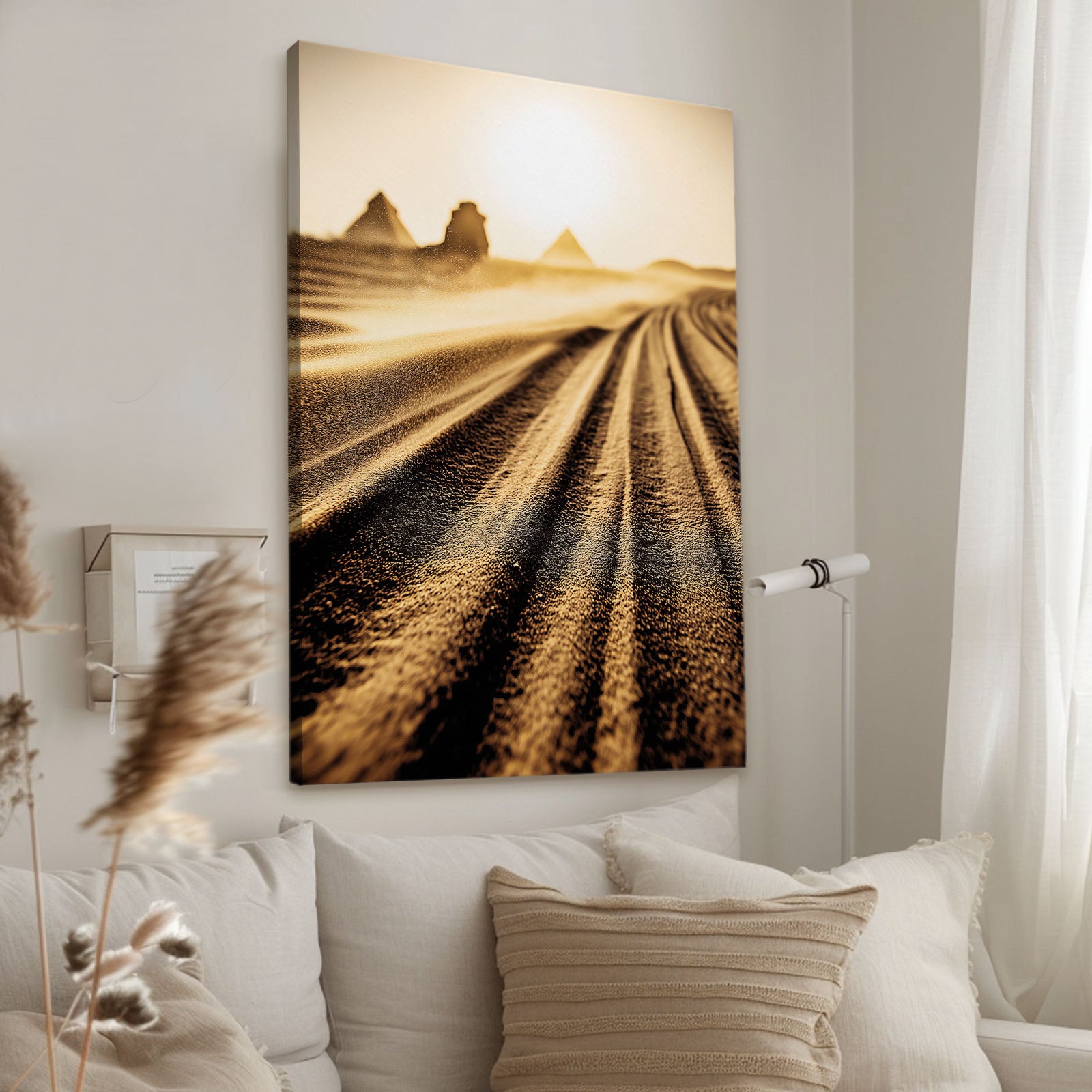 Golden Hour Dunes Egyptian Canvas Art – styled in a furnished interior