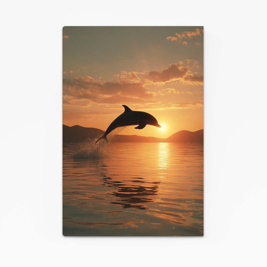 Golden Hour Leap Dolphin Art – dolphin leaping in silhouette across a molten golden sunset sea