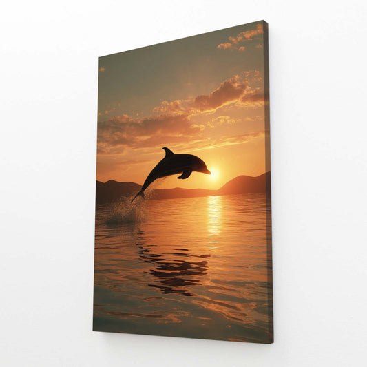Golden Hour Leap Dolphin Art – angled canvas view on white background