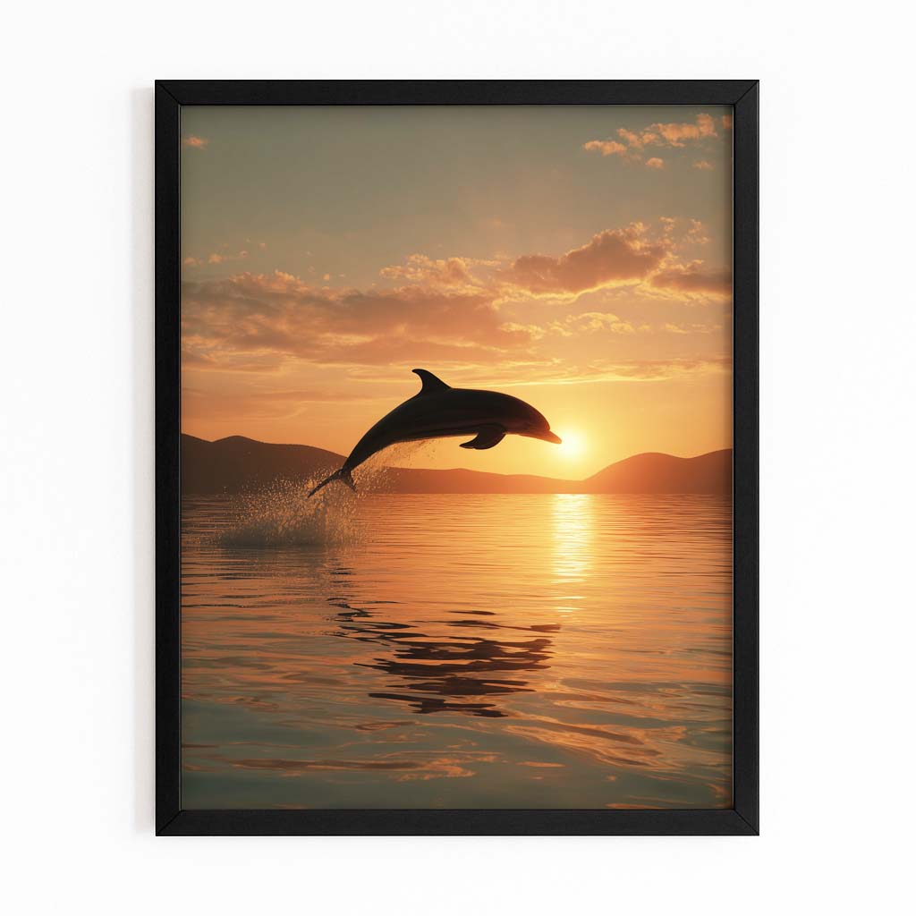 Golden Hour Leap Dolphin Art – with Premium Black wood frame on white background