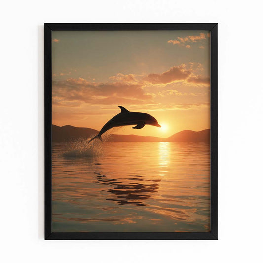 Golden Hour Leap Dolphin Art – with Premium Black wood frame on white background