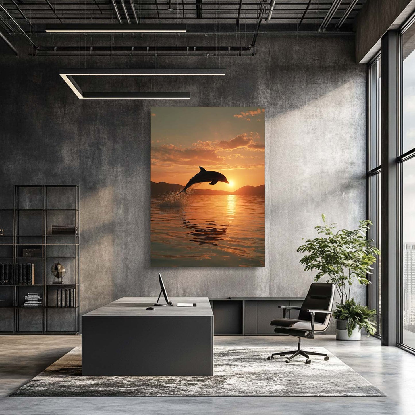 Golden Hour Leap Dolphin Art – styled in a furnished interior