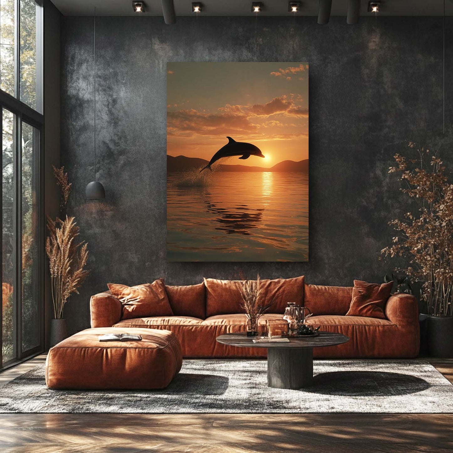 Golden Hour Leap Dolphin Art – styled in a furnished interior