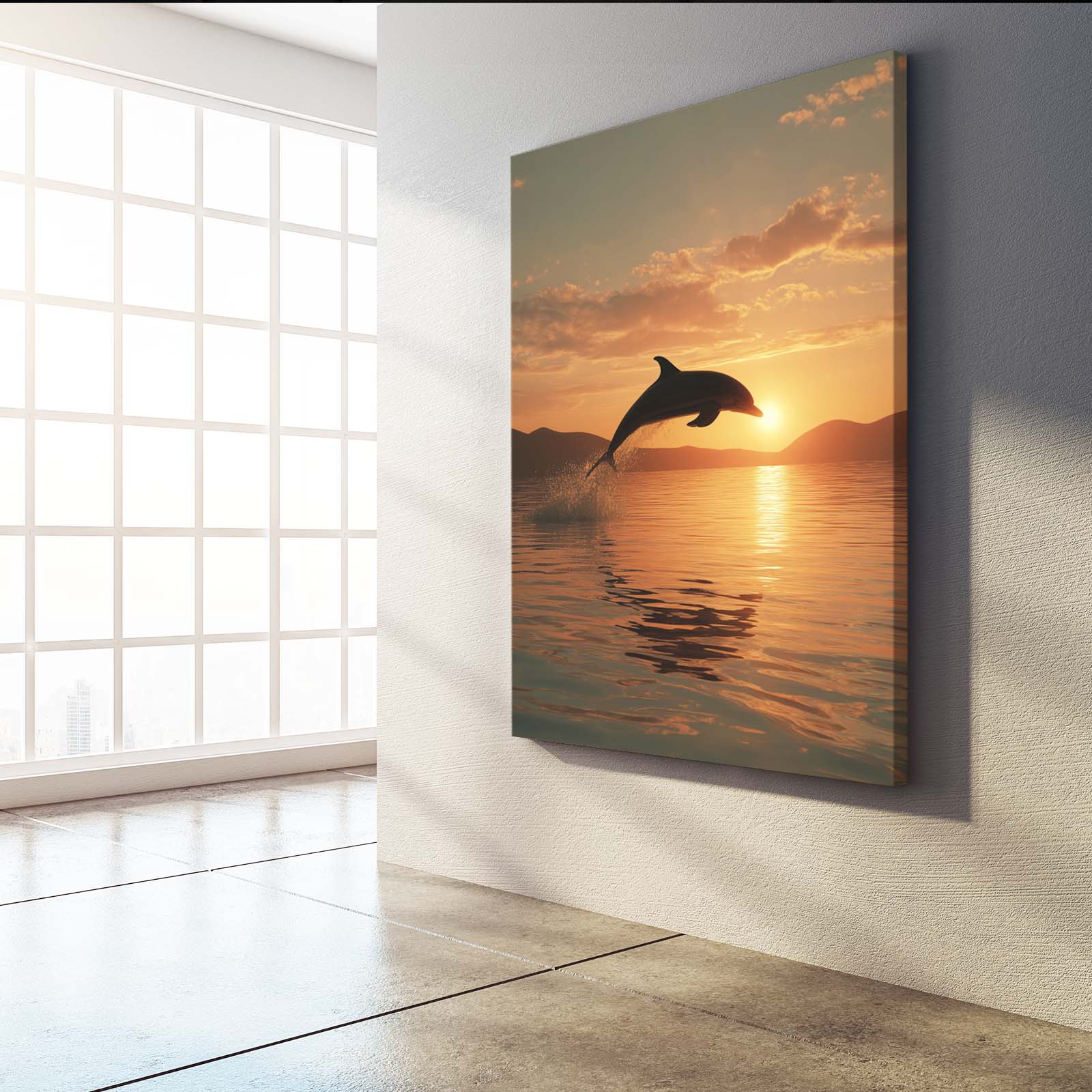 Golden Hour Leap Dolphin Art – styled in a furnished interior