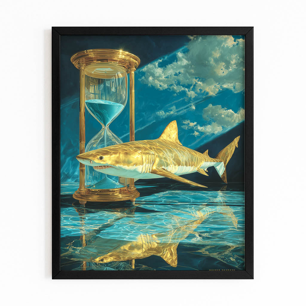 Golden Hourglass Surreal Shark Canvas – with Premium Black frame on white background