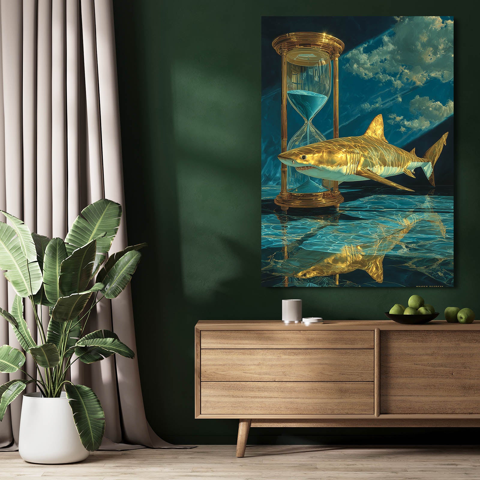 Golden Hourglass Surreal Shark Canvas – styled in a furnished interior