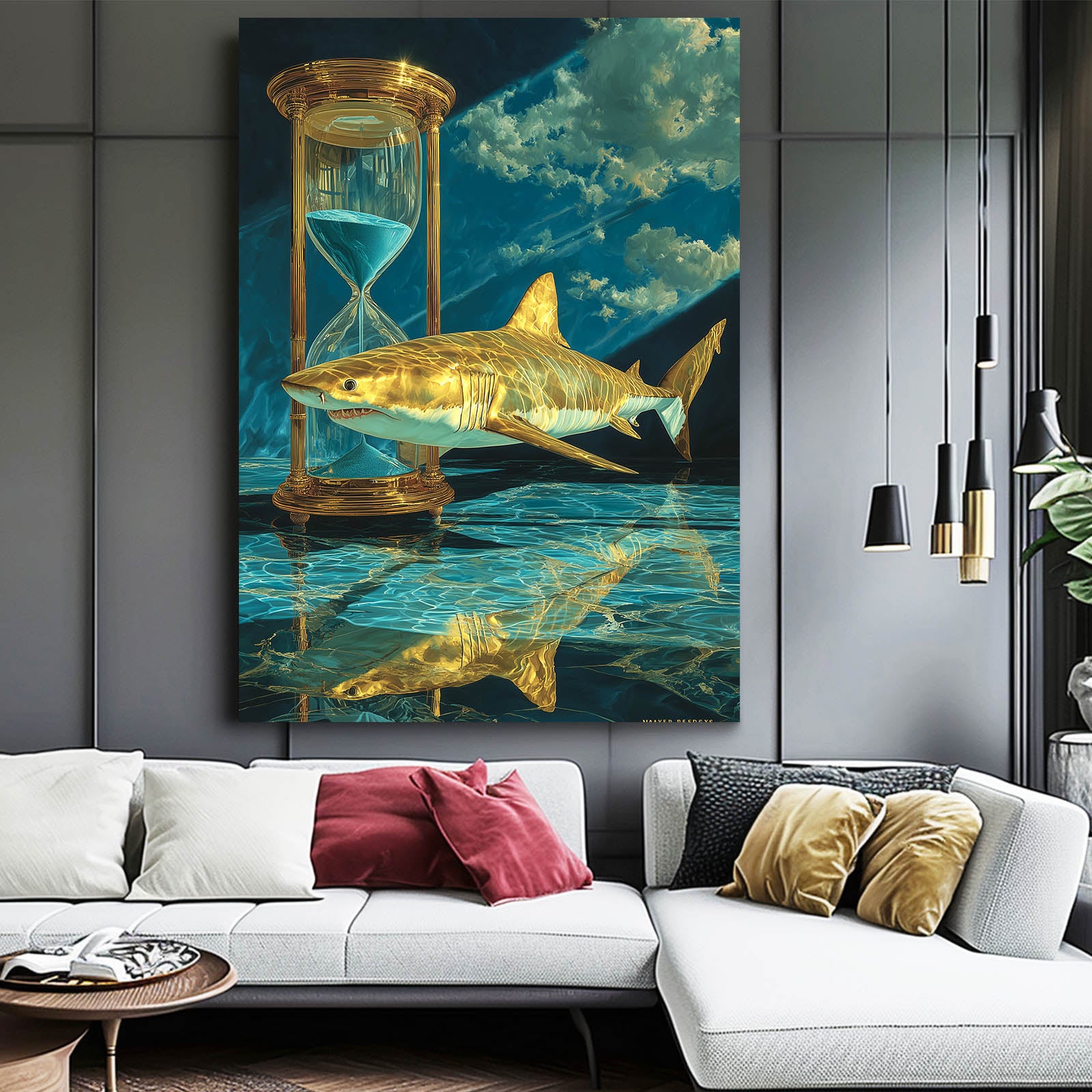Golden Hourglass Surreal Shark Canvas – styled in a furnished interior