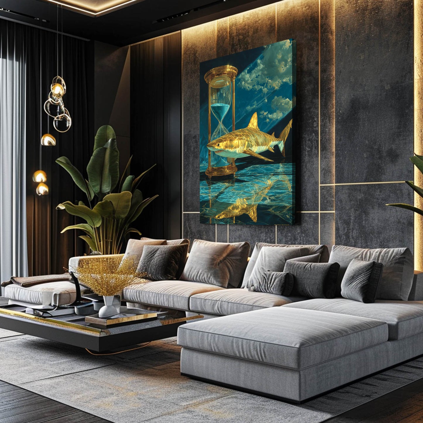 Golden Hourglass Surreal Shark Canvas – styled in a furnished interior