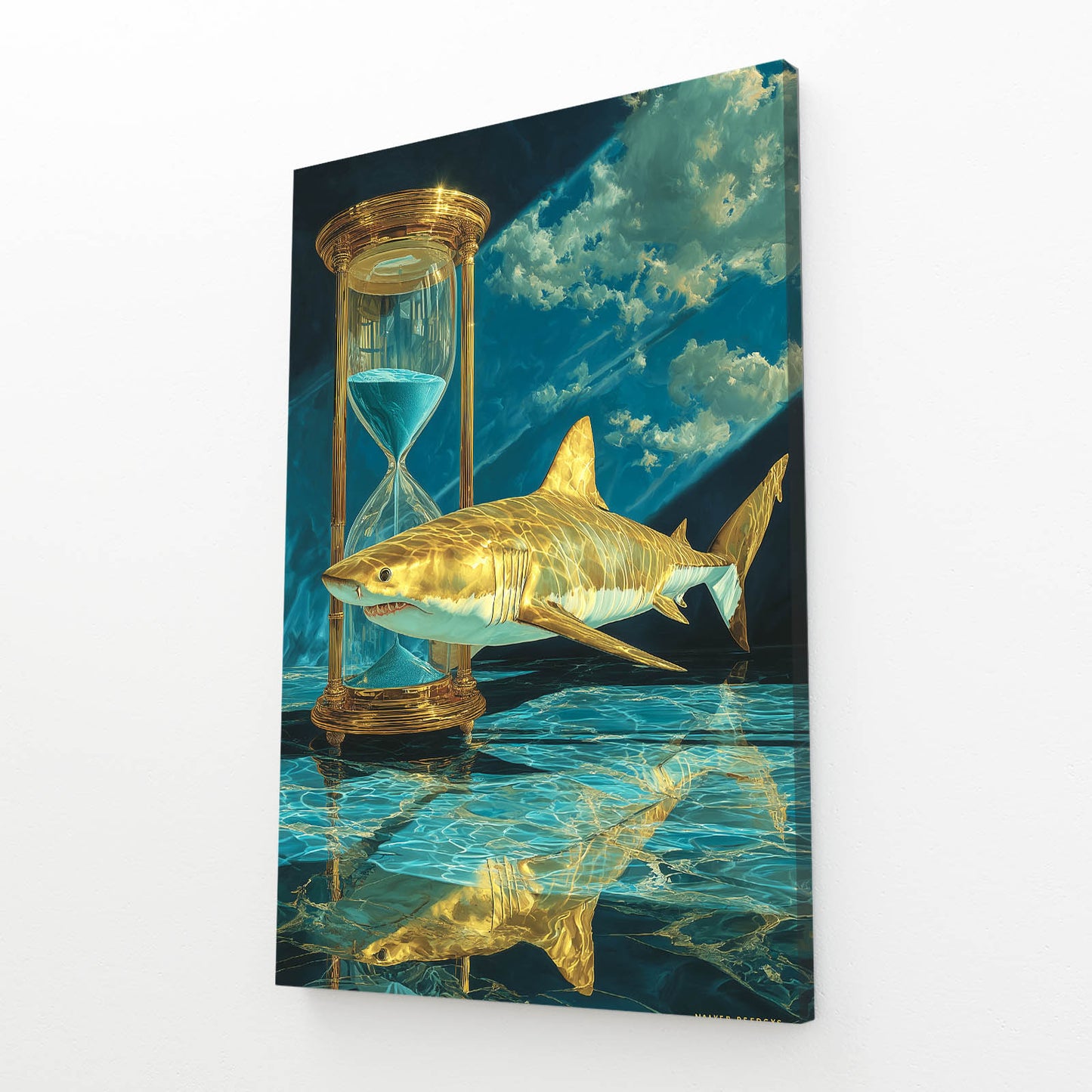 Golden Hourglass Surreal Shark Canvas – angled canvas view on white background