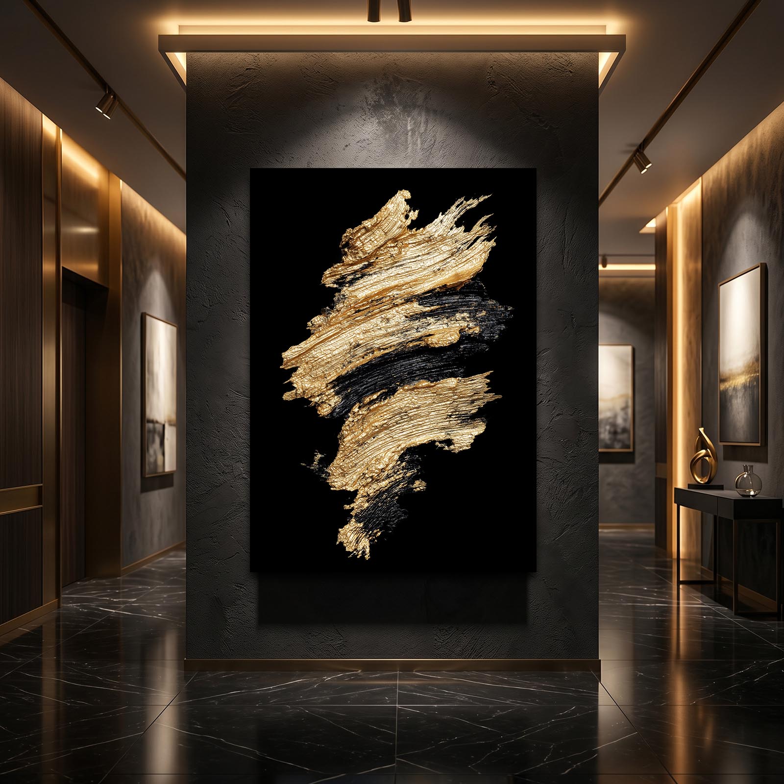 Golden Impasto Burst Prints – styled in a furnished interior
