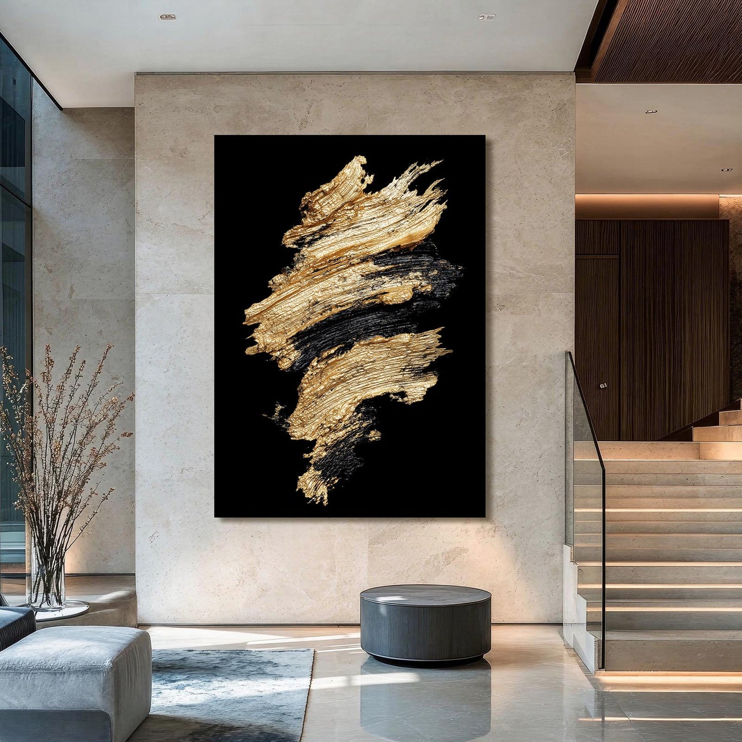 Golden Impasto Burst Prints – styled in a furnished interior