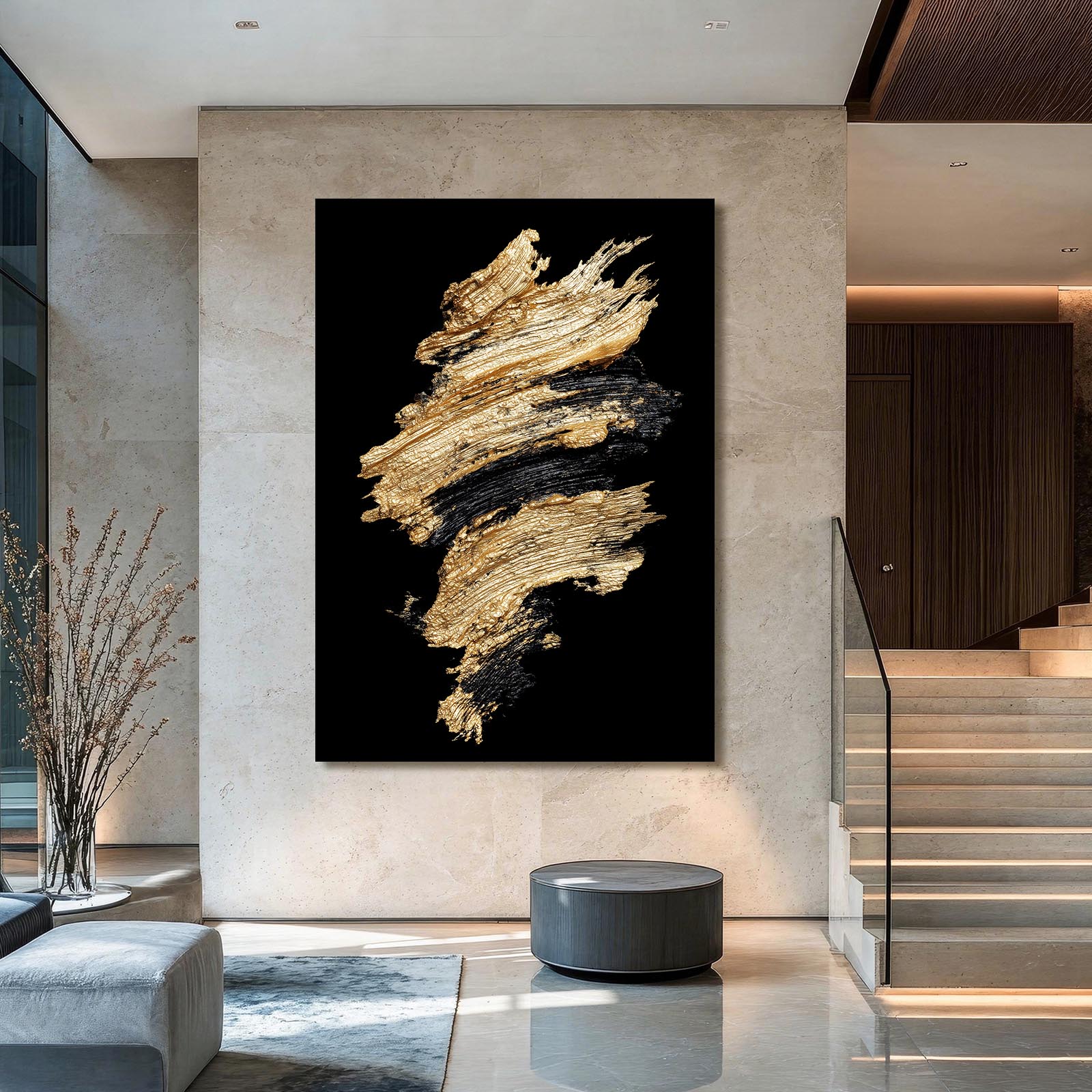 Golden Impasto Burst Prints – styled in a furnished interior