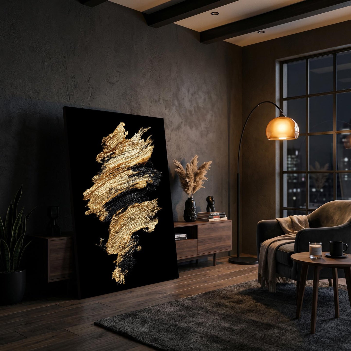 Golden Impasto Burst Prints – styled in a furnished interior