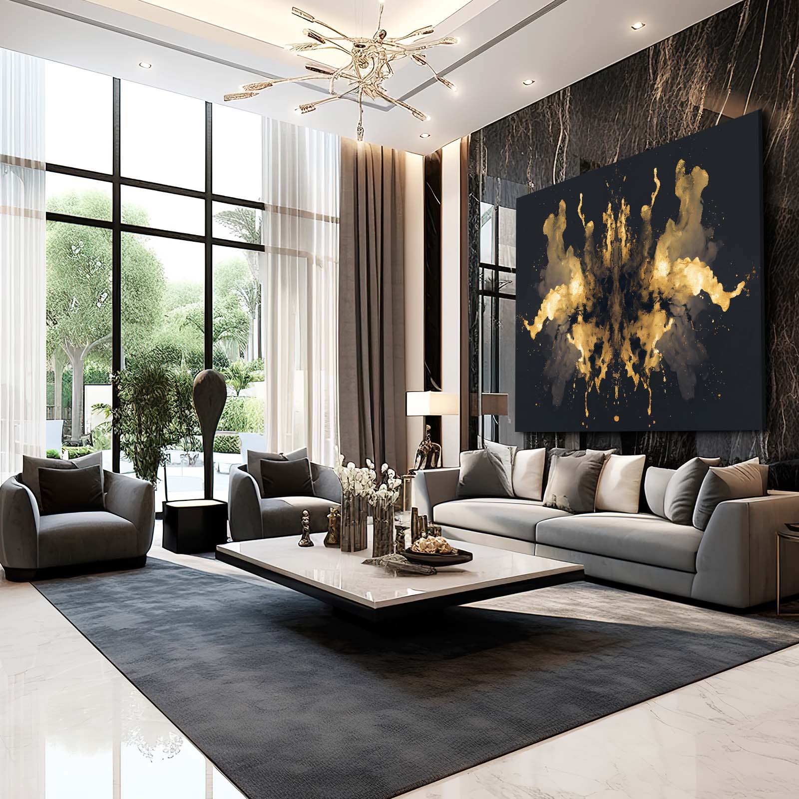 Golden Ink Blot Wall Decor – styled in a furnished interior