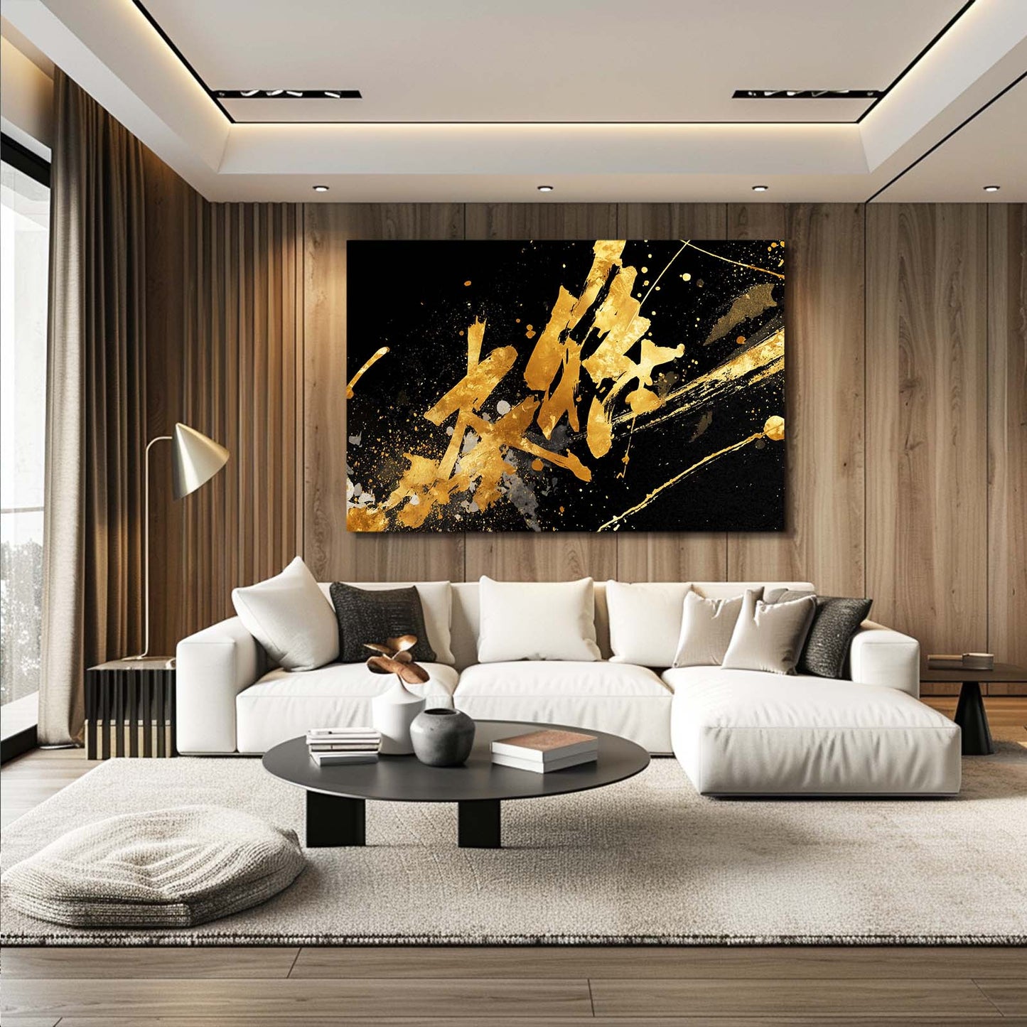 Golden Ink Script Canvas Art – styled in a furnished interior