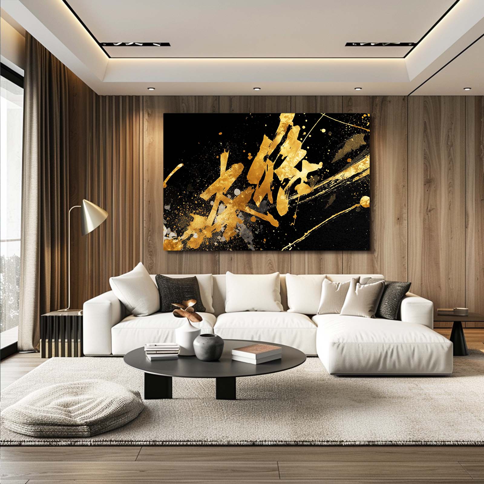 Golden Ink Script Canvas Art – styled in a furnished interior