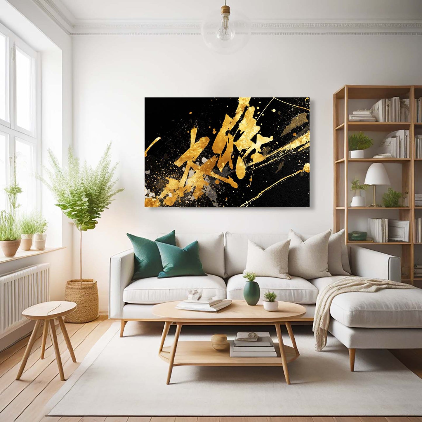 Golden Ink Script Canvas Art – styled in a furnished interior