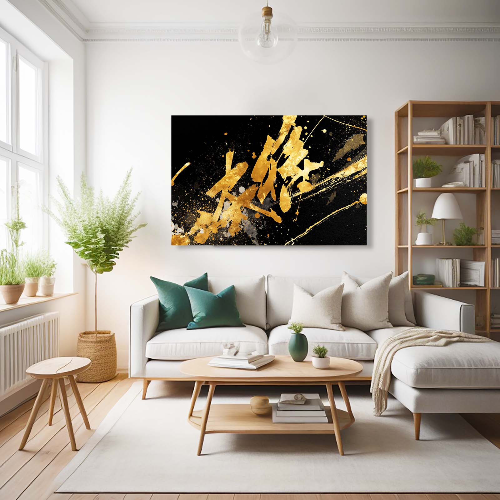 Golden Ink Script Canvas Art – styled in a furnished interior