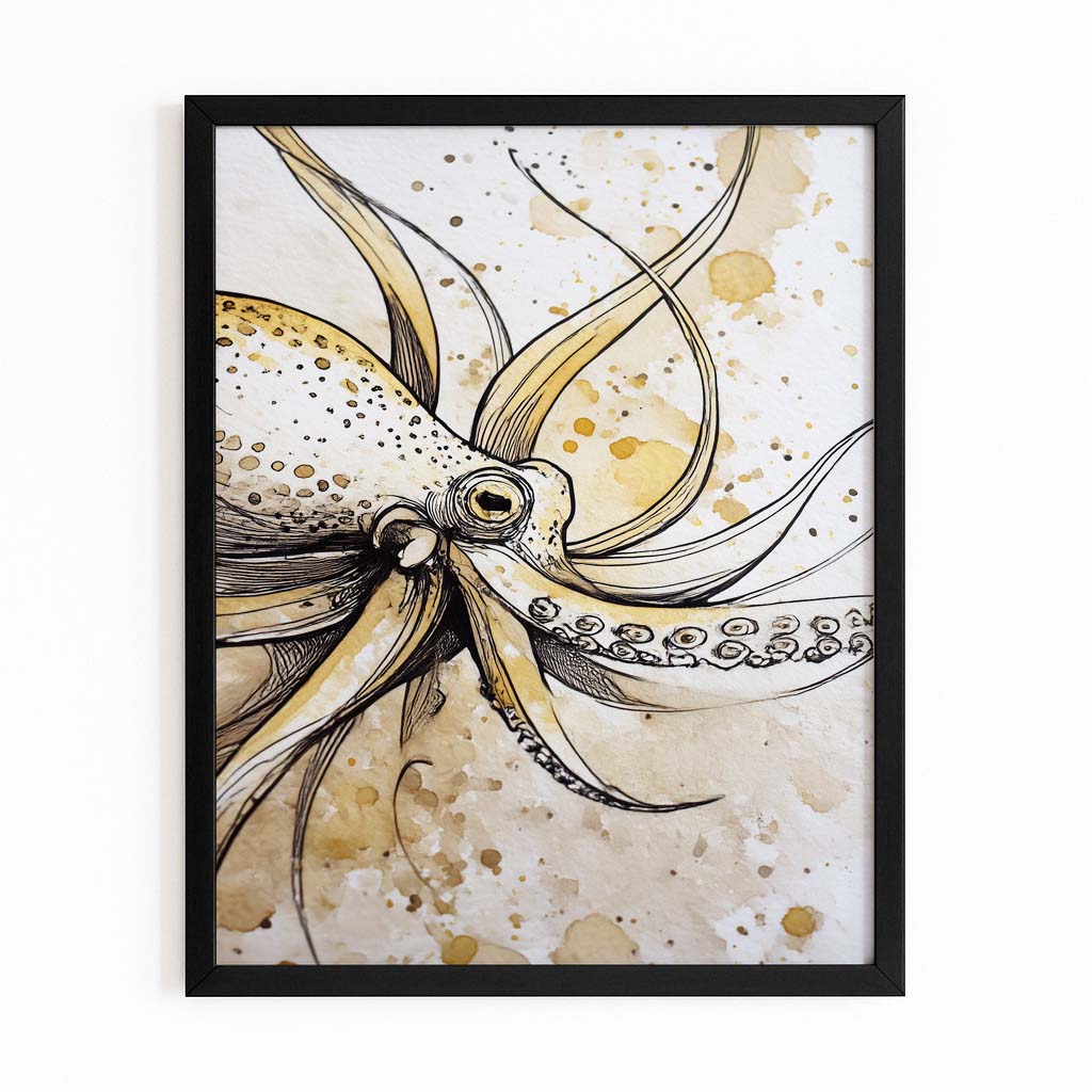 Golden Ink Sketch Octopus Prints – with Premium Black frame on white background