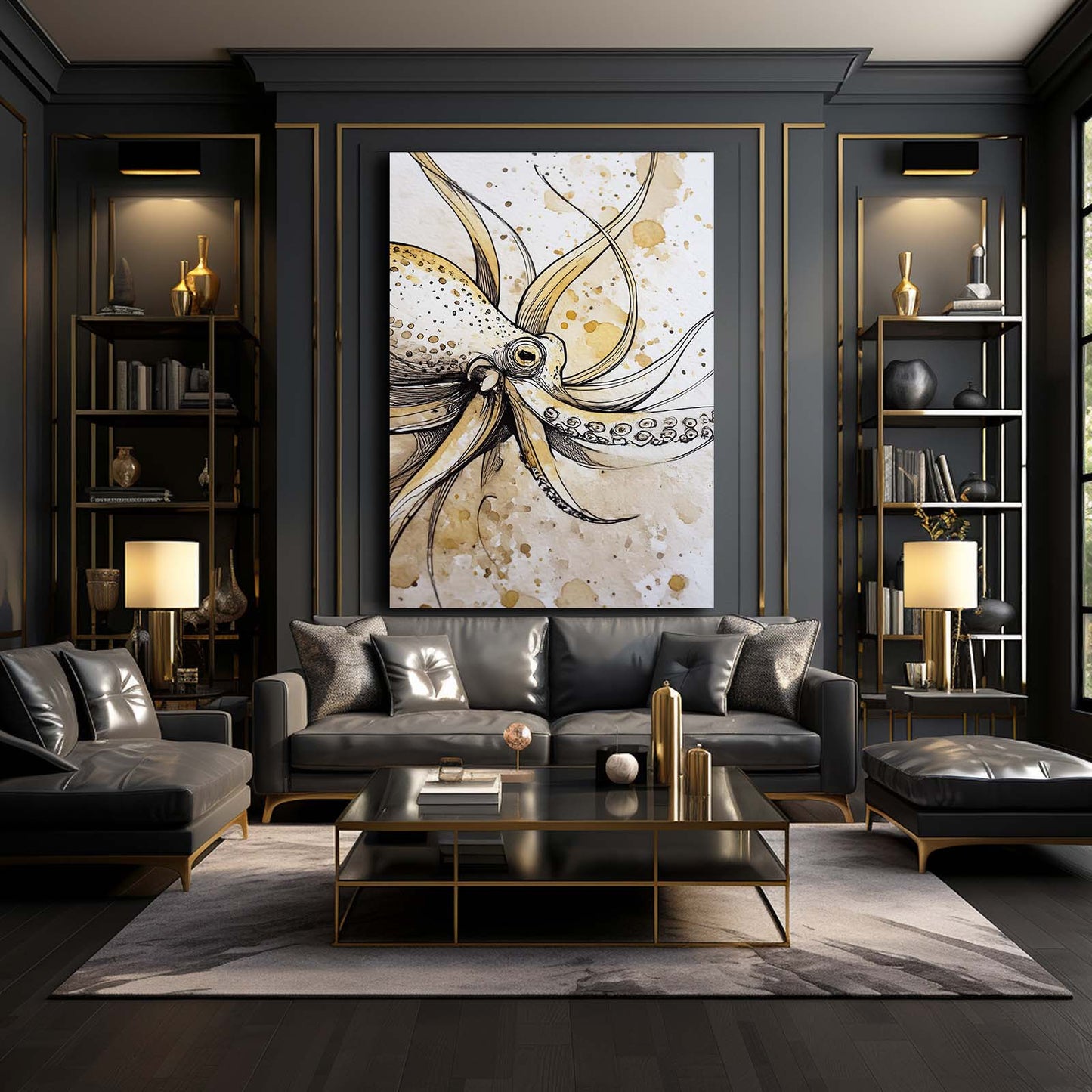Golden Ink Sketch Octopus Prints – styled in a furnished interior