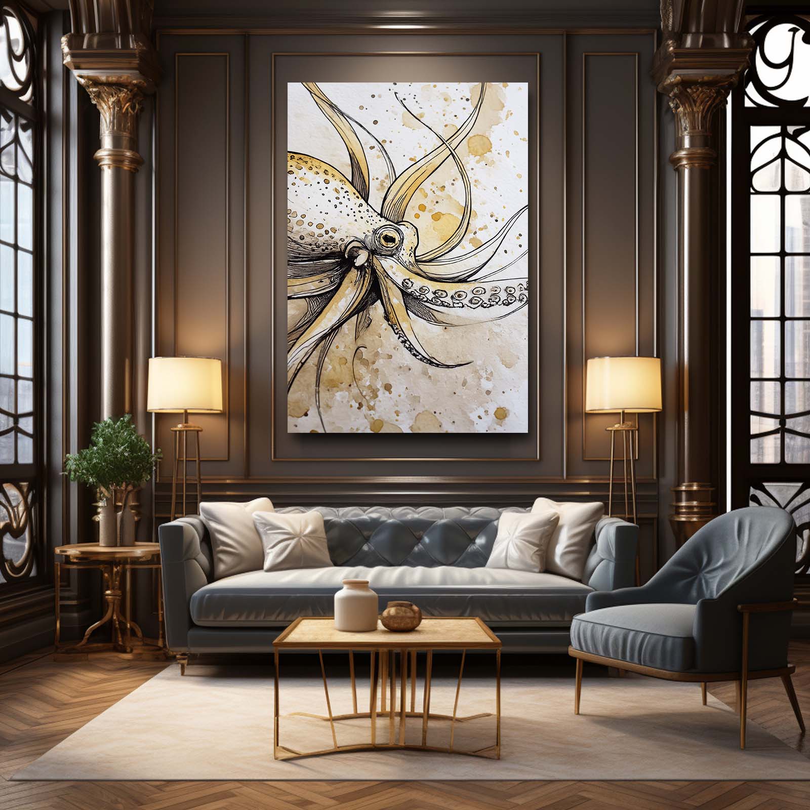 Golden Ink Sketch Octopus Prints – styled in a furnished interior