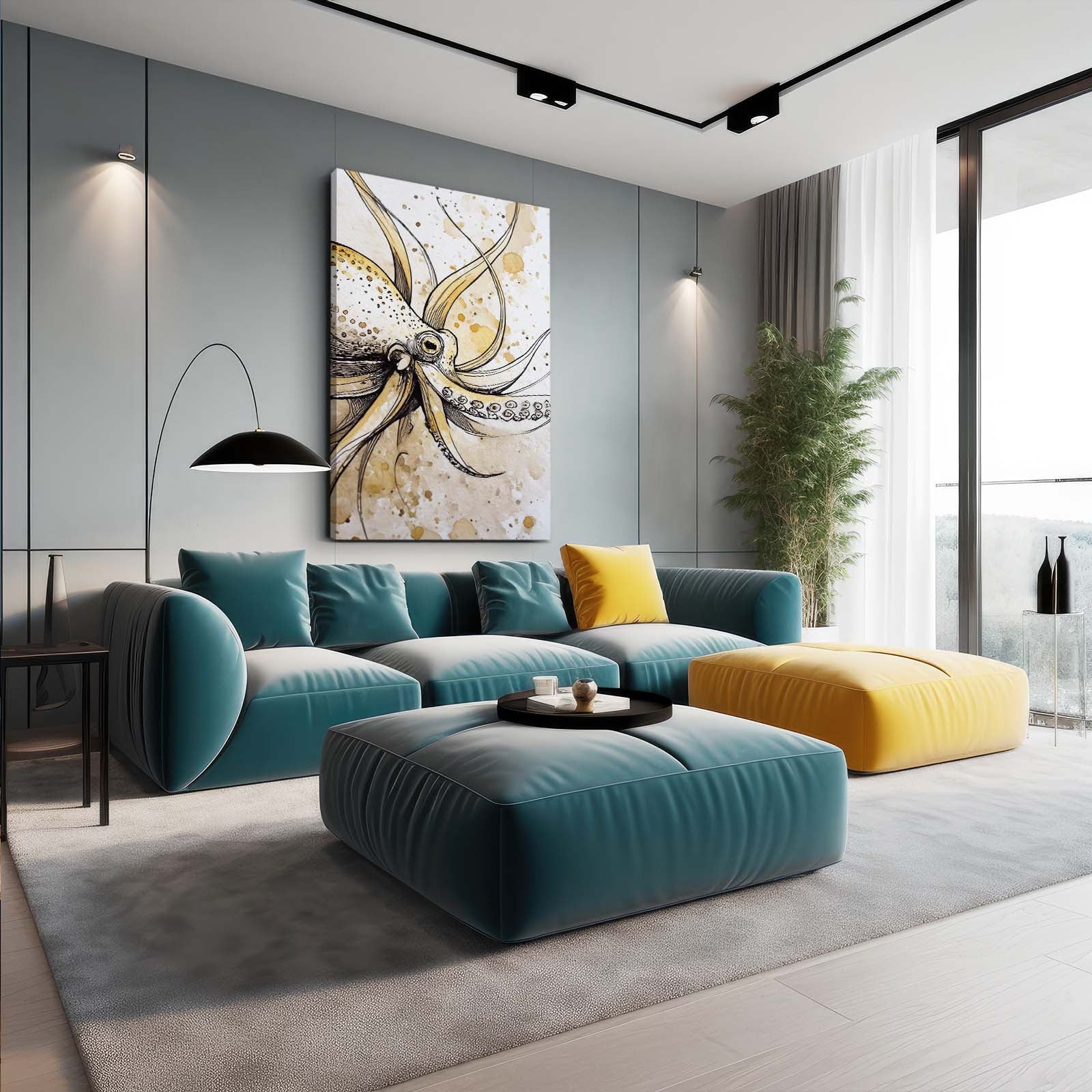 Golden Ink Sketch Octopus Prints – styled in a furnished interior