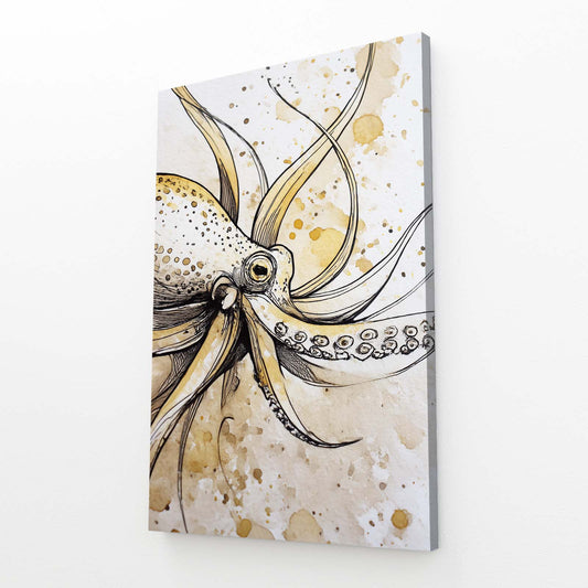 Golden Ink Sketch Octopus Prints – angled canvas view on white background