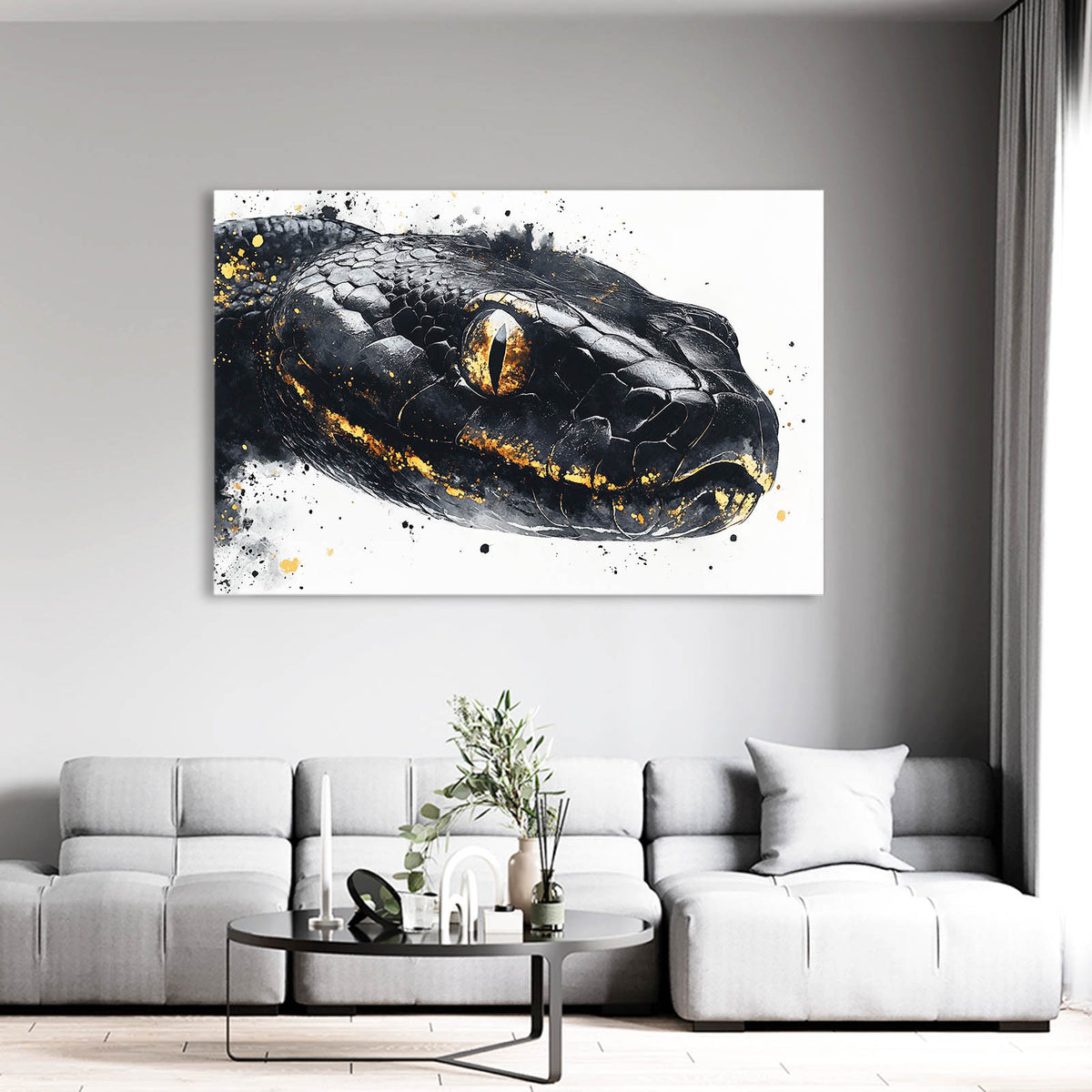 Golden Ink Splash Snake Wall Art — contemporary canvas print, styled in a furnished interior